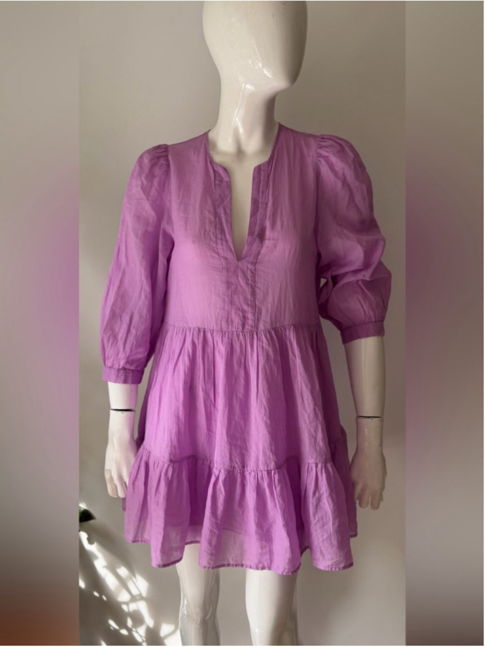 Xetra Purple 100% Cotton Tiered Mini Dress Size small 40 Puff Sleeve Boho